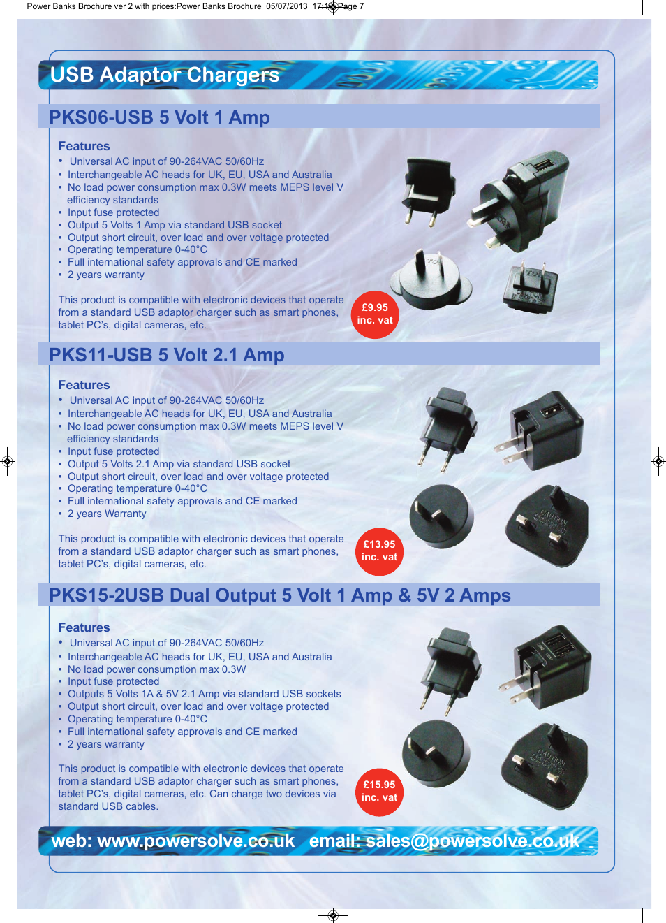 Usb adaptor chargers | Powersolve Power Banks Brochure User Manual | Page 7 / 7