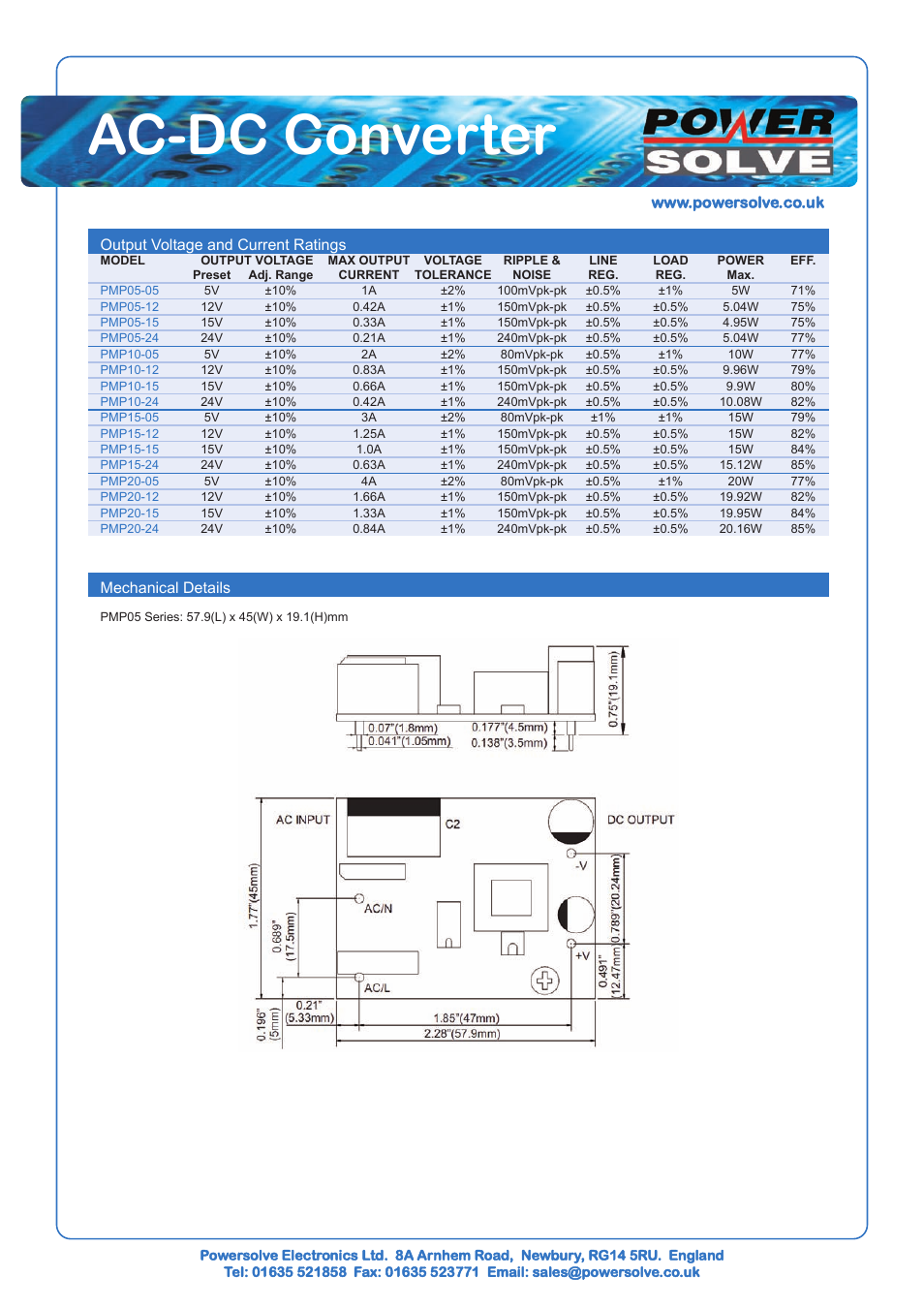 Ac-dc converter, Output voltage and current ratings, Mechanical details | Powersolve PMP20 Series User Manual | Page 2 / 4