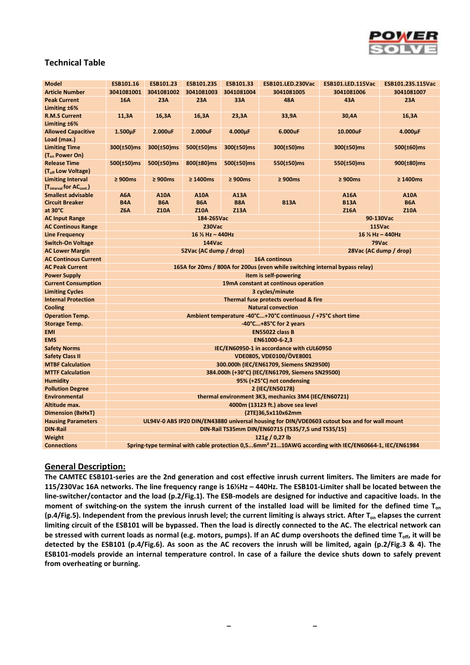 Technical table, General description | Powersolve ESB101 Series User Manual | Page 2 / 4