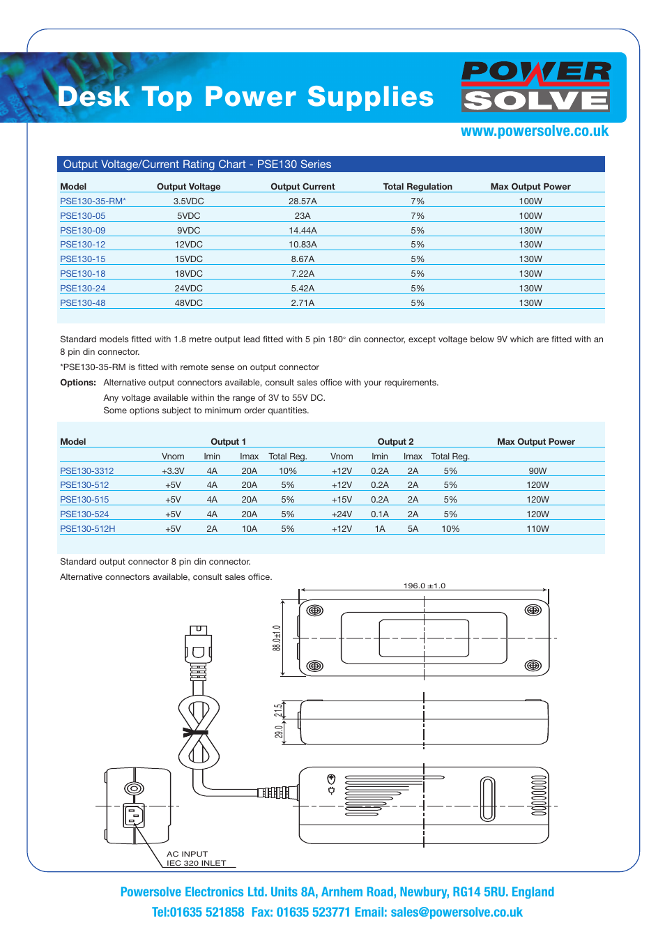 Desk top power supplies | Powersolve PSE130 Series User Manual | Page 2 / 2