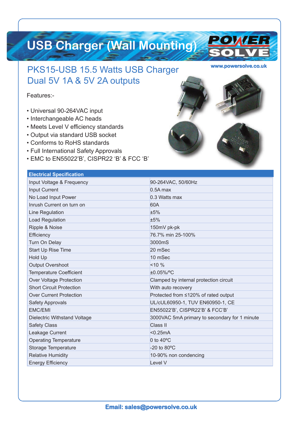 Powersolve PKS15-2USB Dual Output 5 Volt 1 Amp & 5 Volt 2 Amps User Manual | 3 pages