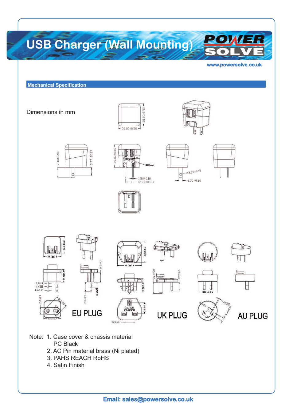 Usb charger (wall mounting) | Powersolve PKS15-2USB Dual Output 5 Volt 1 Amp & 5 Volt 2 Amps User Manual | Page 3 / 3