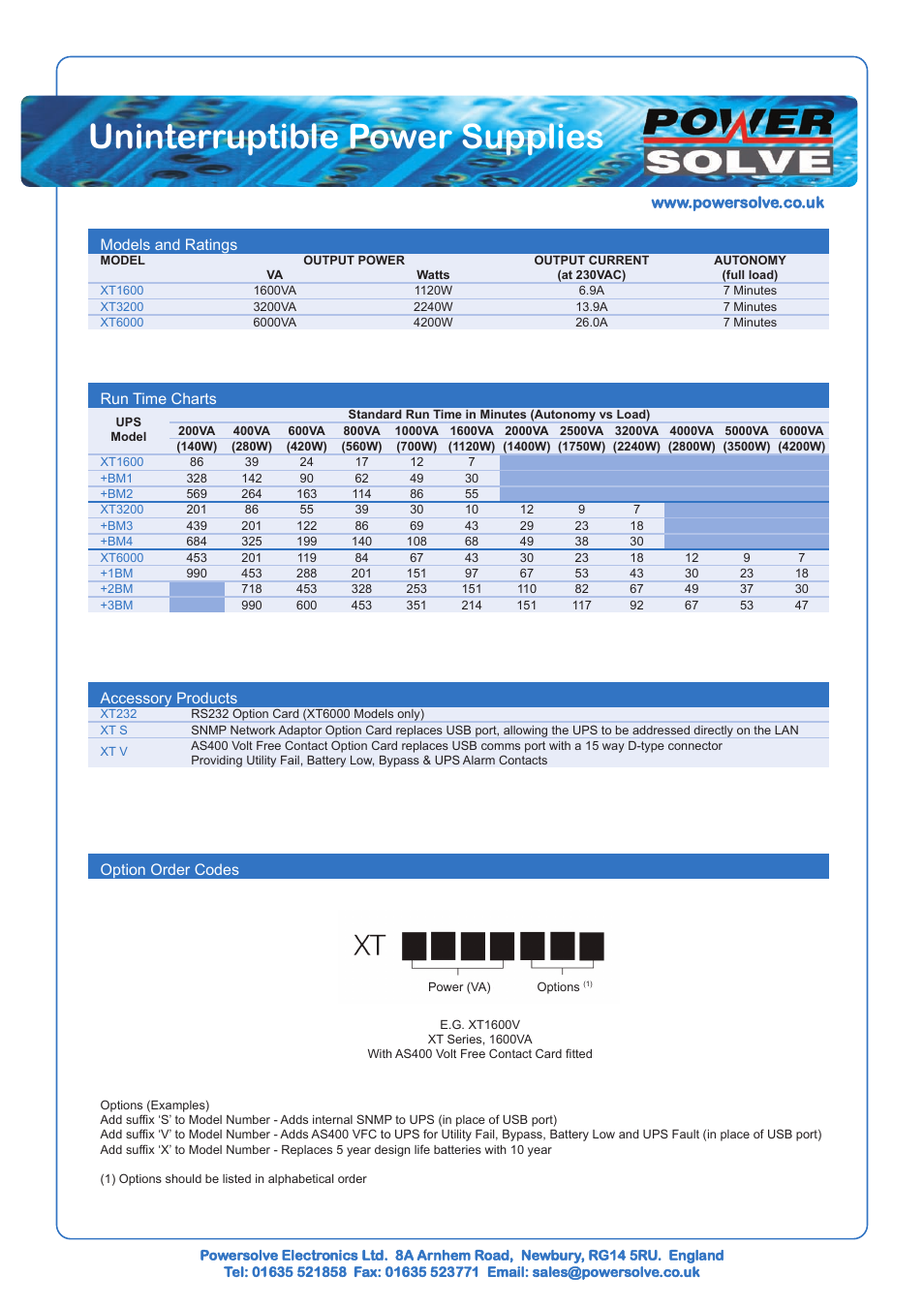 Uninterruptible power supplies, Models and ratings, Run time charts | Accessory products, Option order codes | Powersolve XT Series User Manual | Page 2 / 8