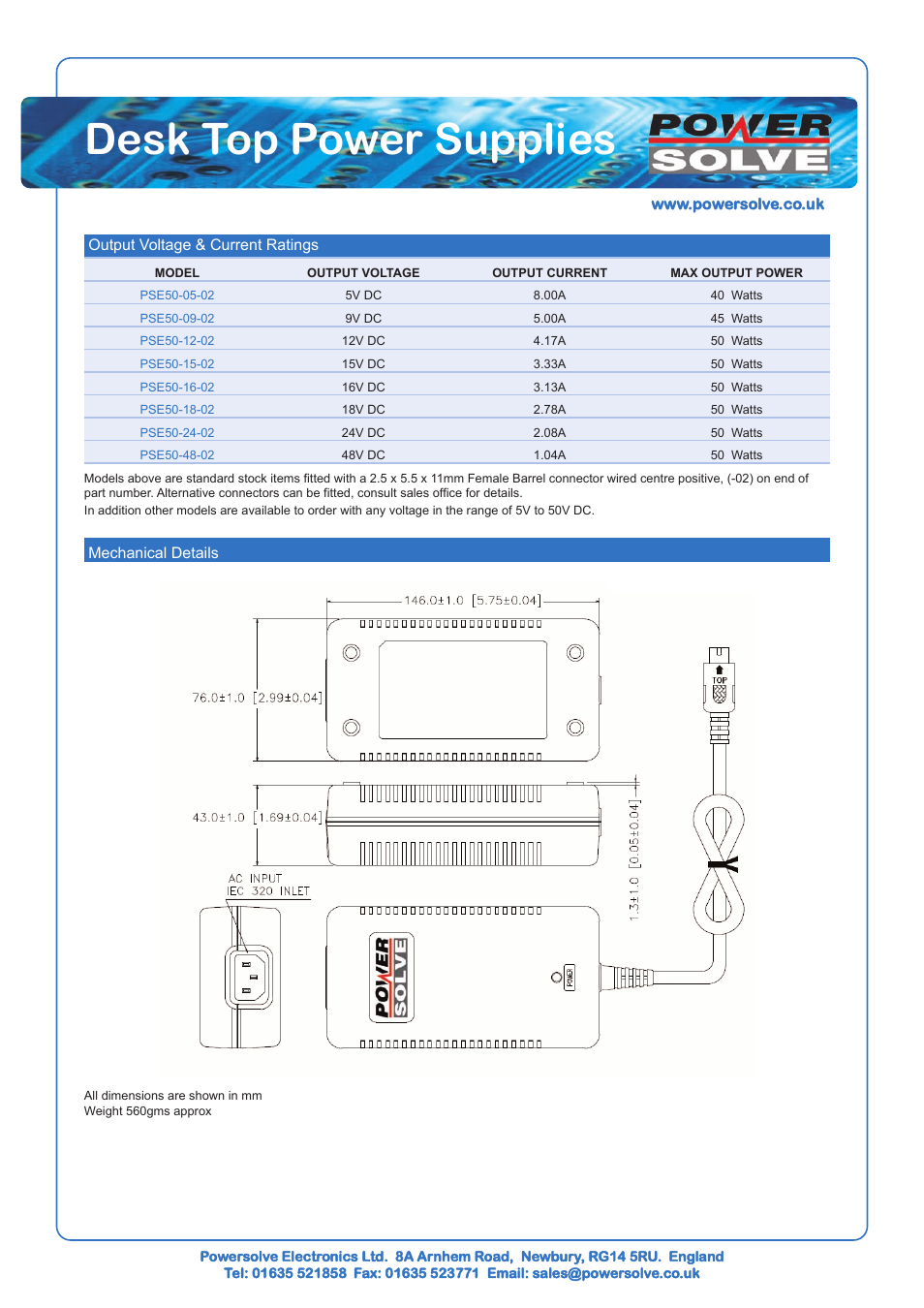 Desk top power supplies | Powersolve PSE50 Series User Manual | Page 2 / 2