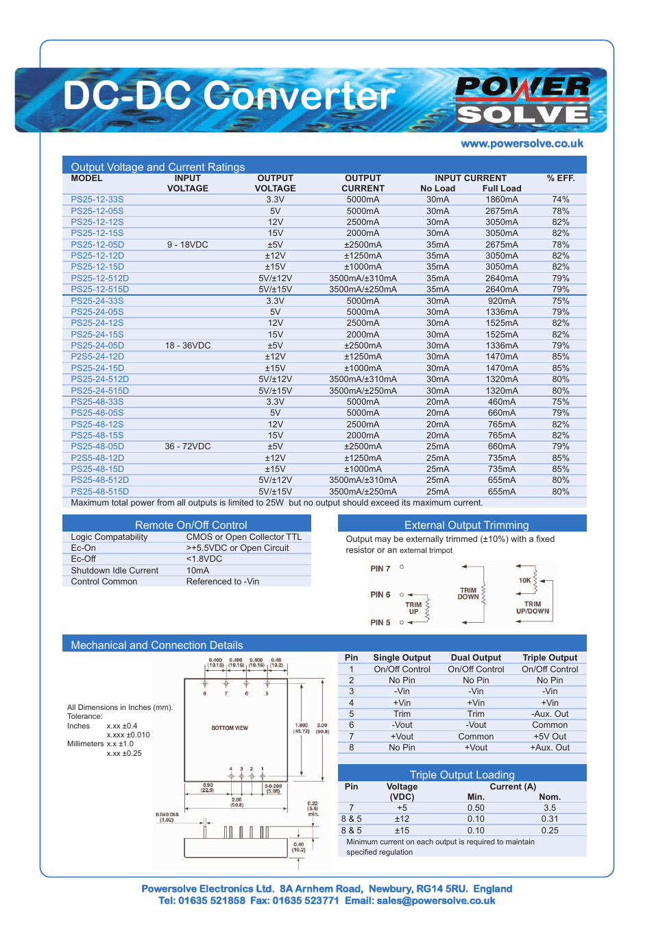 Dc-dc converter, Output voltage and current ratings, Mechanical and connection details | Triple output loading, External output trimming remote on/off control | Powersolve PS25 Series User Manual | Page 2 / 2