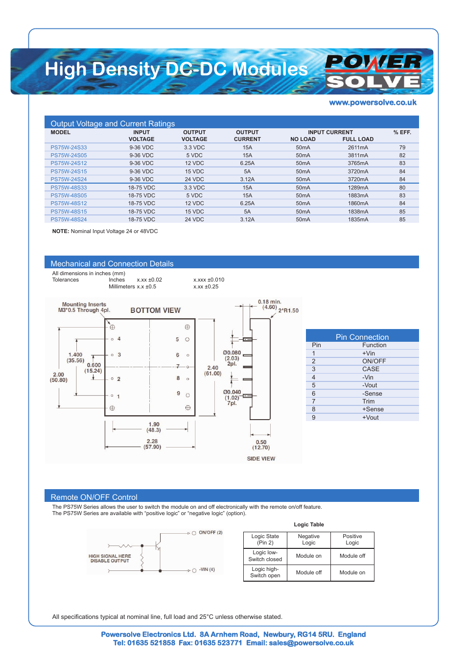 High density dc-dc modules, Output voltage and current ratings, Pin connection | Remote on/off control, Mechanical and connection details | Powersolve PS75W Series User Manual | Page 2 / 3