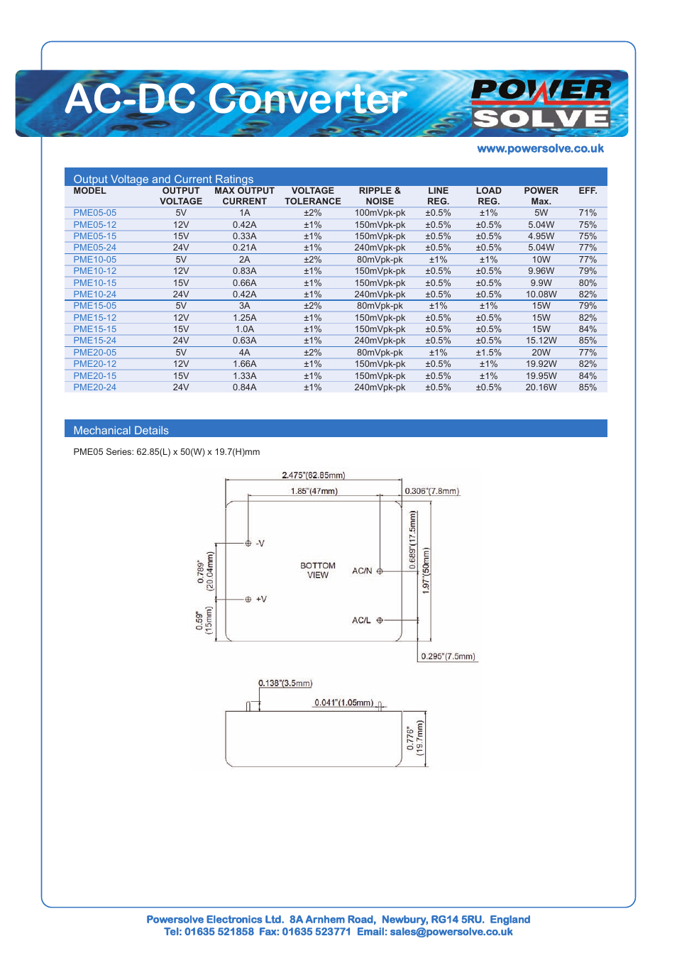 Ac-dc converter, Output voltage and current ratings, Mechanical details | Powersolve PME20 Series User Manual | Page 2 / 4