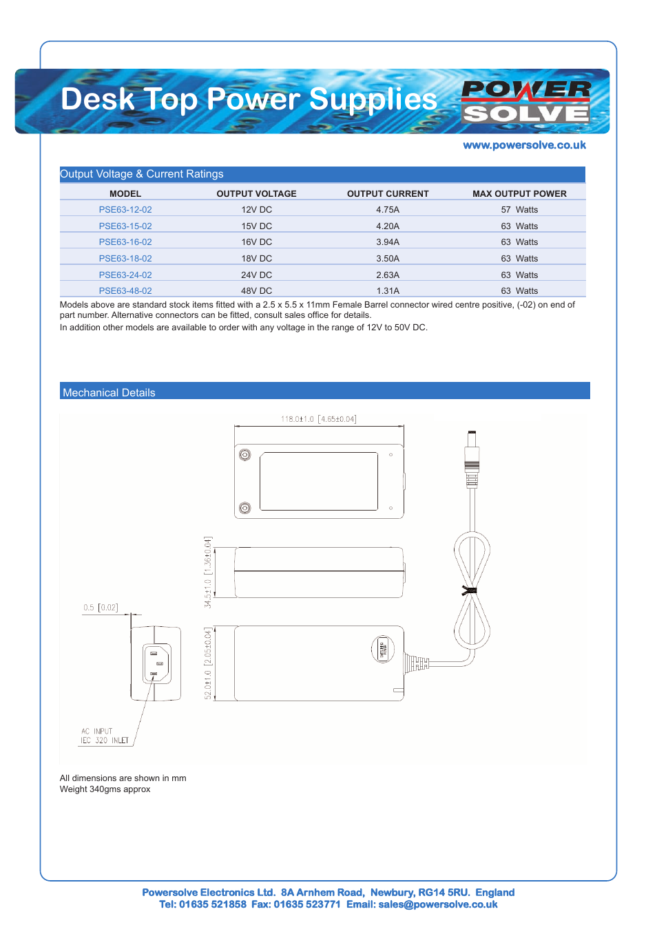 Desk top power supplies | Powersolve PSE63 Series User Manual | Page 2 / 2