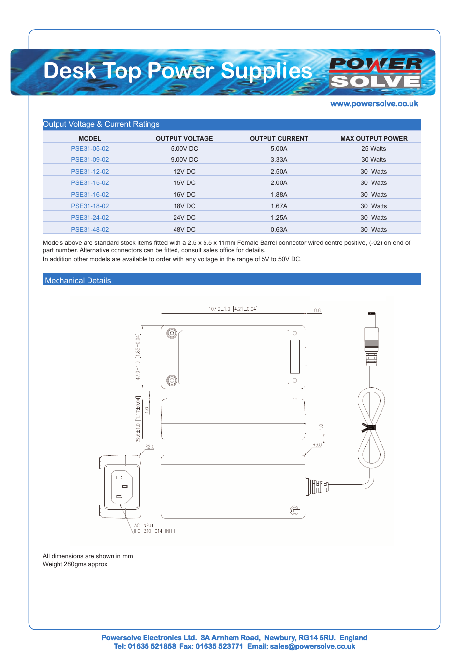 Desk top power supplies | Powersolve PSE31 Series User Manual | Page 2 / 2