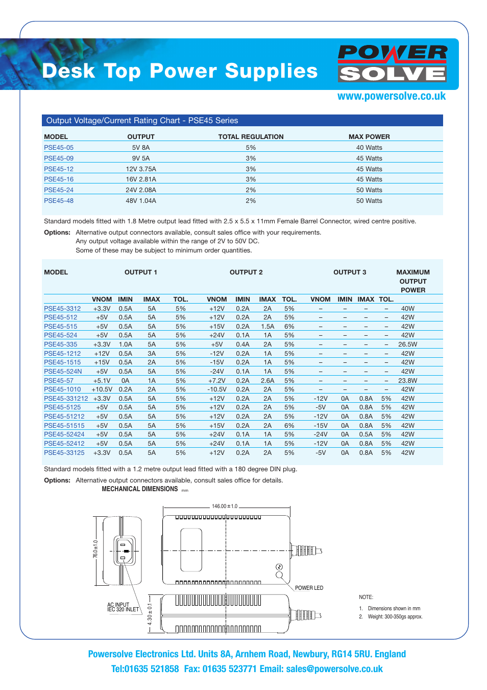 Desk top power supplies, Output voltage/current rating chart - pse45 series | Powersolve PSE45 Series User Manual | Page 2 / 2