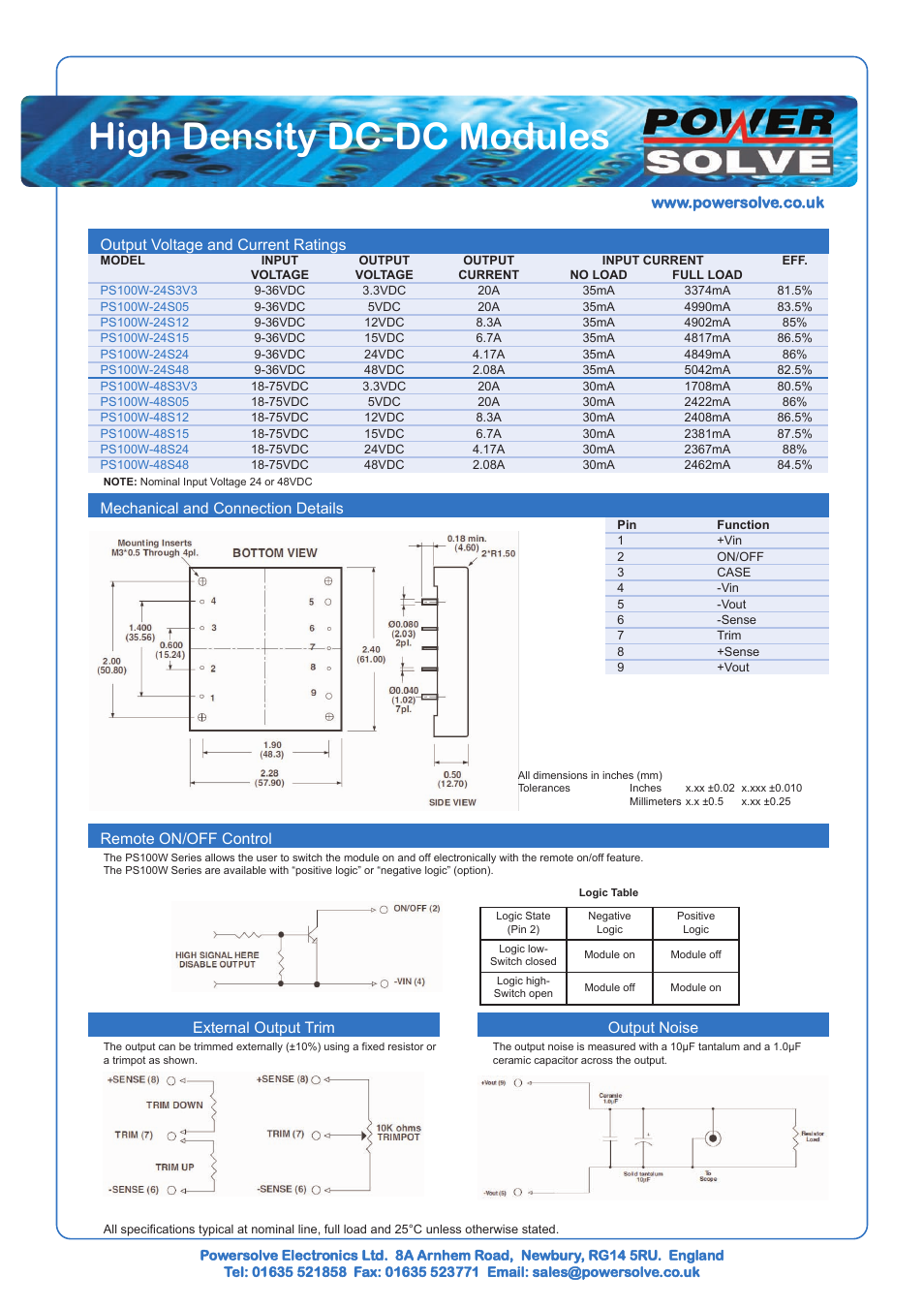 High density dc-dc modules, Output voltage and current ratings, External output trim | Output noise | Powersolve PS100W Series User Manual | Page 2 / 3