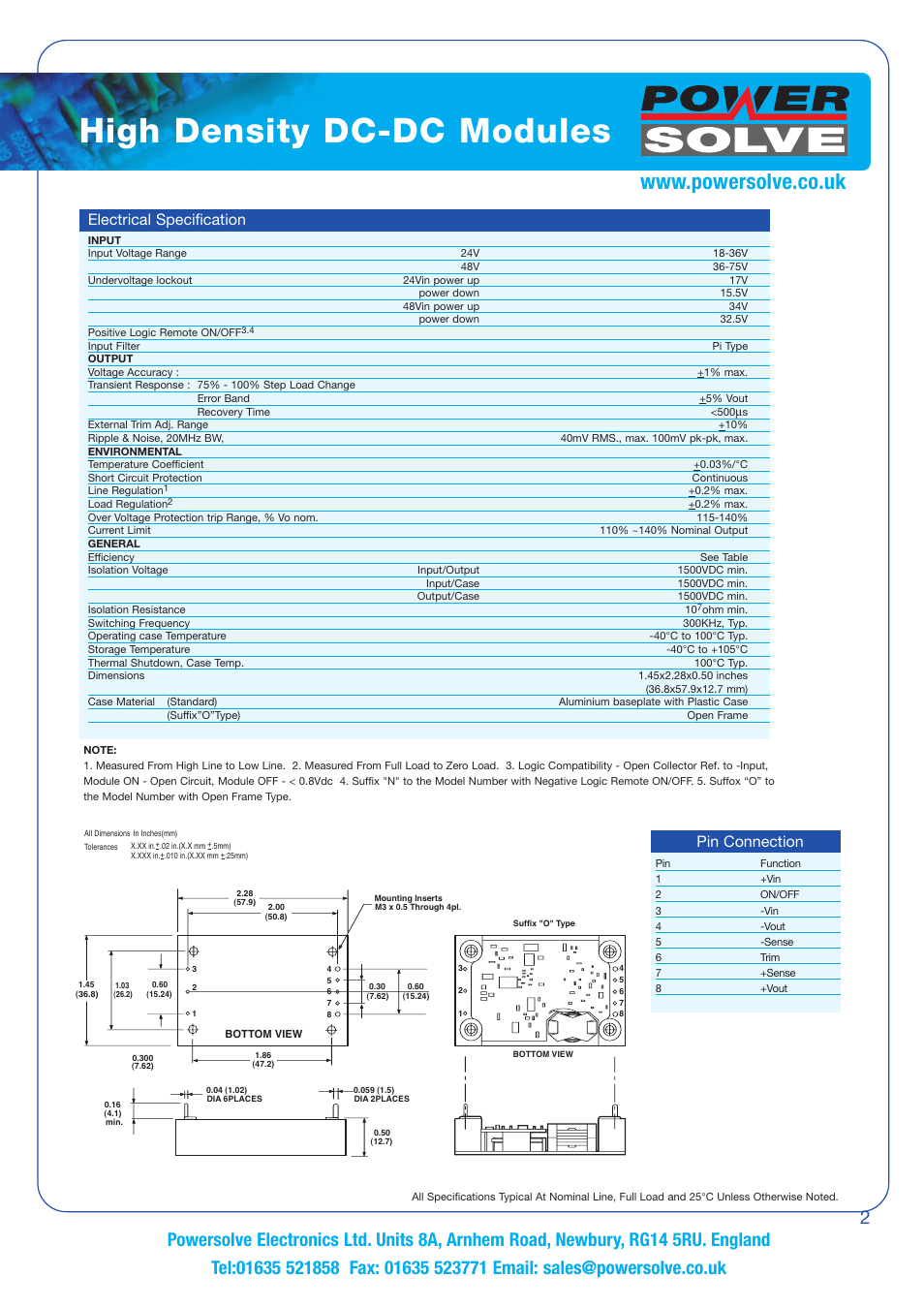 High density dc-dc modules, Electrical specification, Pin connection | Powersolve PSQ75 Series User Manual | Page 2 / 4