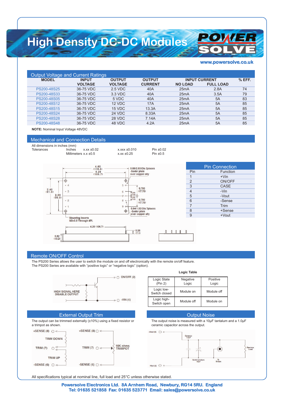 High density dc-dc modules, Output voltage and current ratings, External output trim remote on/off control | Mechanical and connection details, Output noise, Pin connection | Powersolve PS200 Series User Manual | Page 2 / 3