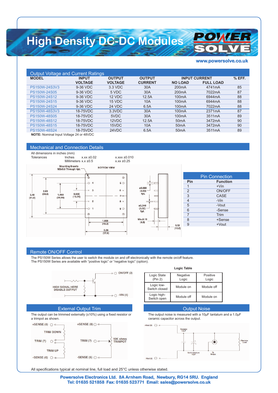 High density dc-dc modules, Output voltage and current ratings, Pin connection | External output trim, Output noise | Powersolve PS150W Series User Manual | Page 2 / 3