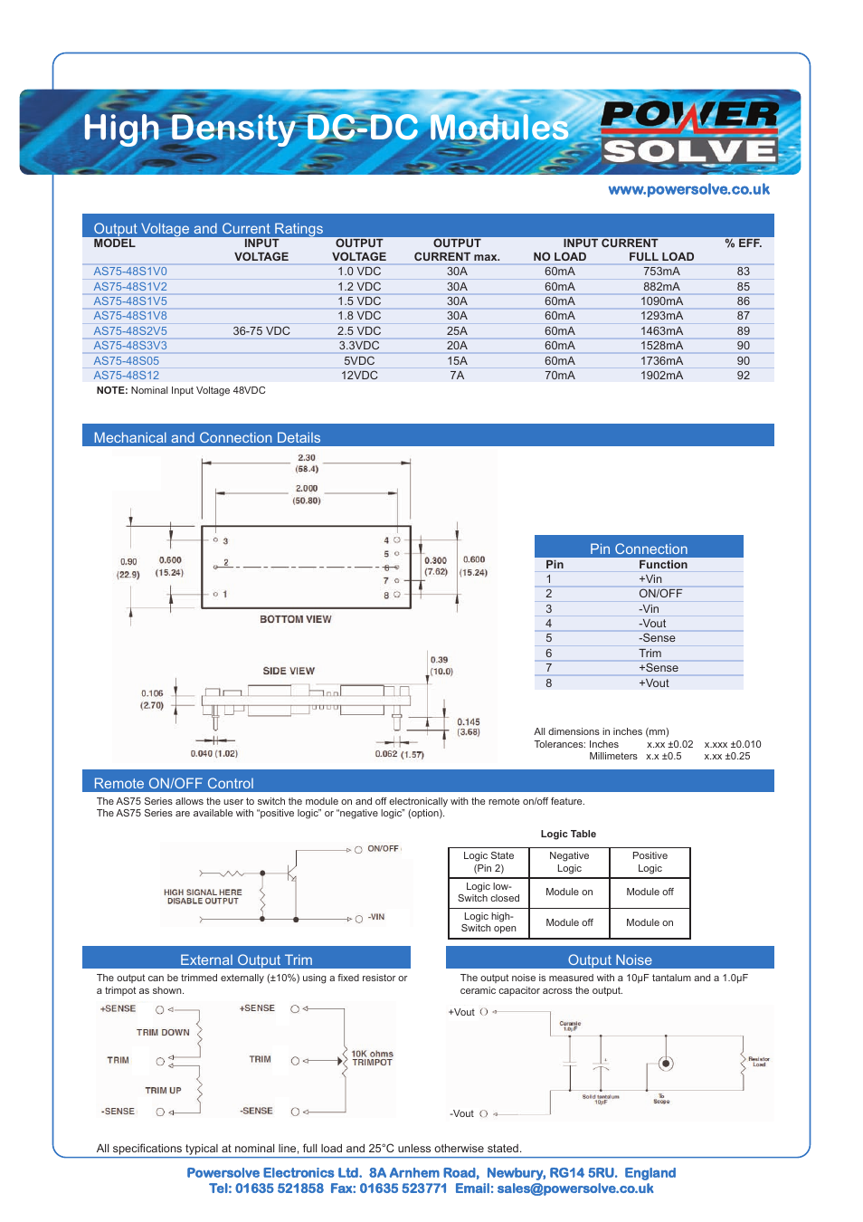High density dc-dc modules, Output voltage and current ratings, Pin connection | External output trim, Output noise | Powersolve AS75 Series User Manual | Page 2 / 3