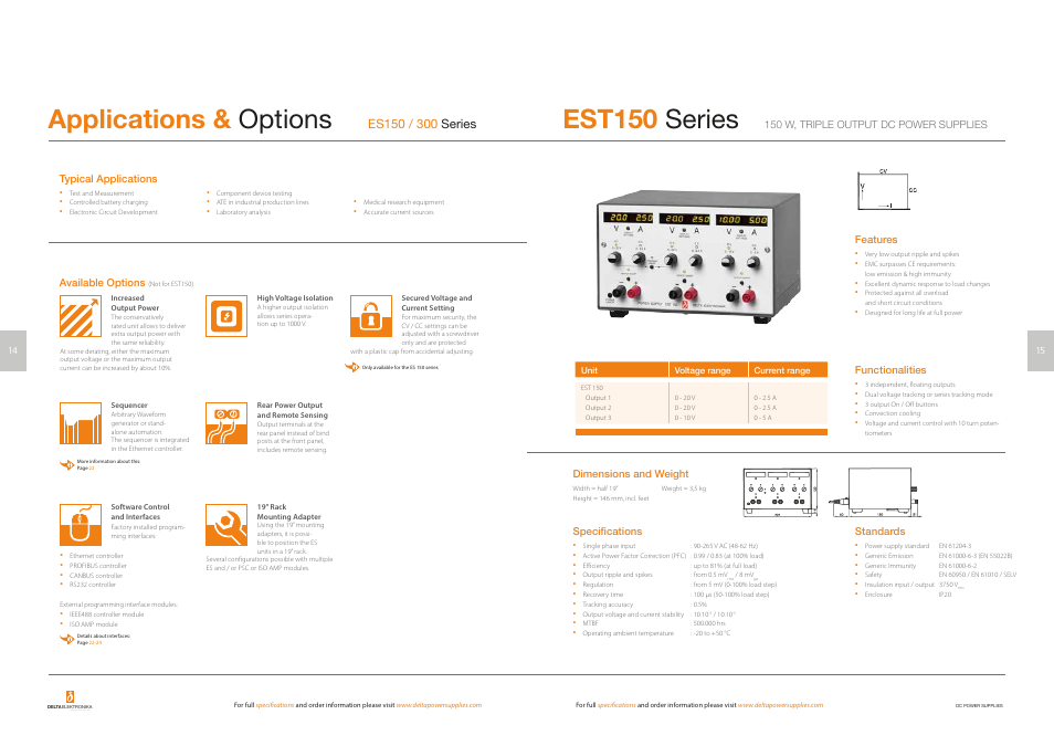 Est150-series, Est150 series, Applications & options | Dc power supplies | Powersolve Short Form Catalogue User Manual | Page 9 / 15