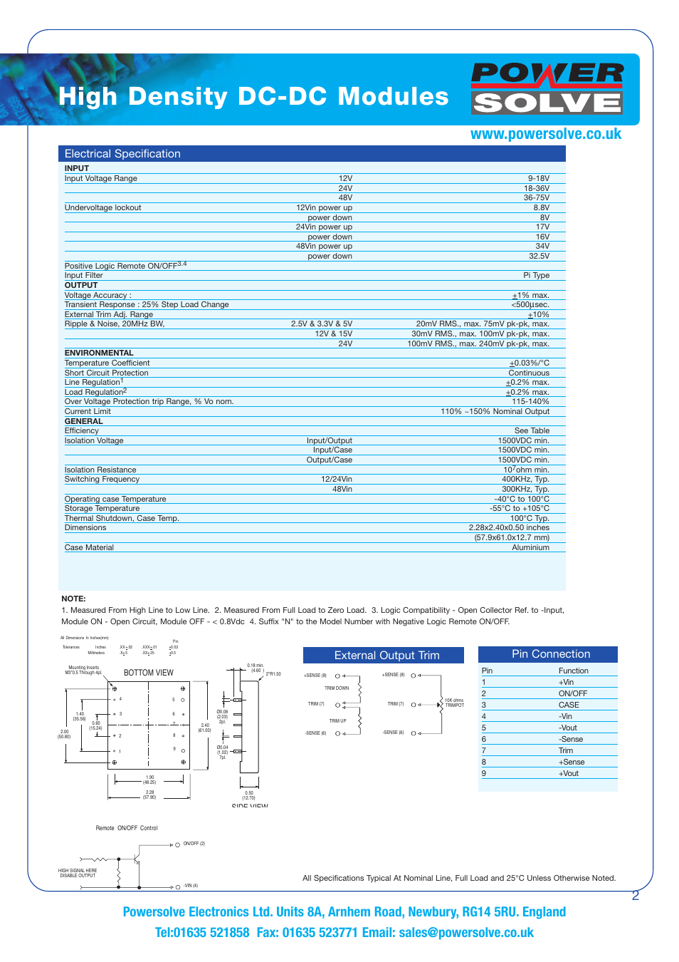 High density dc-dc modules, Electrical specification, Pin connection external output trim | Powersolve PS50 Series User Manual | Page 2 / 4