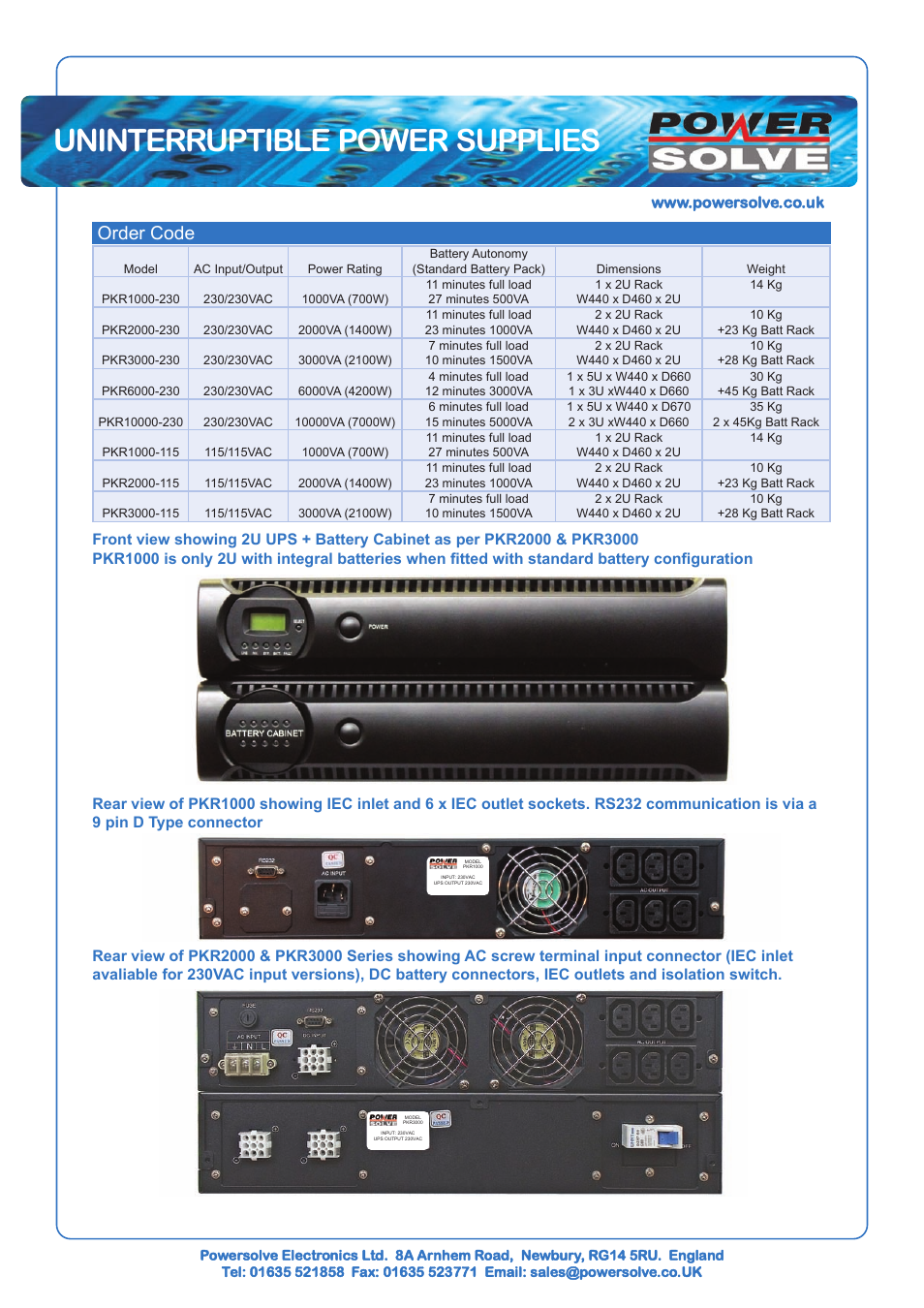 Uninterruptible power supplies, Order code | Powersolve PKR Series User Manual | Page 2 / 3