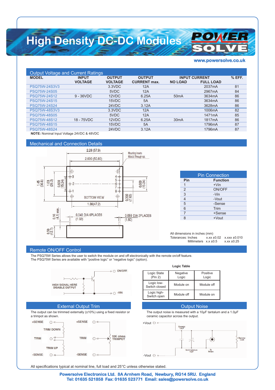 High density dc-dc modules, Output voltage and current ratings, Pin connection | Remote on/off control, External output trim, Output noise, Mechanical and connection details | Powersolve PSQ75W Series User Manual | Page 2 / 2