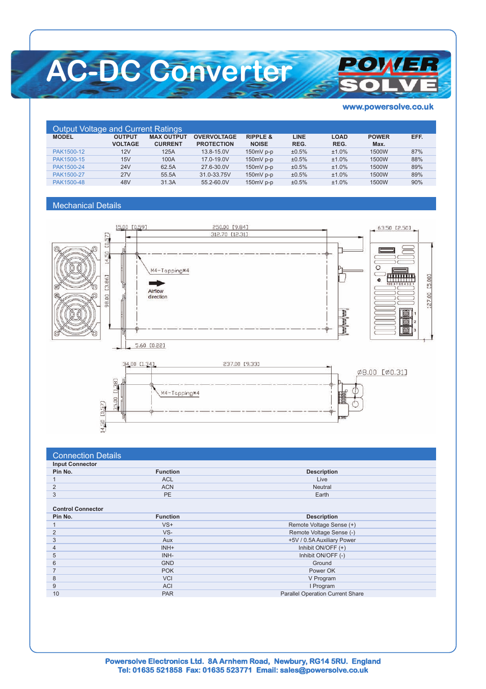 Ac-dc converter, Output voltage and current ratings, Mechanical details connection details | Powersolve PAK1500 Series User Manual | Page 2 / 4