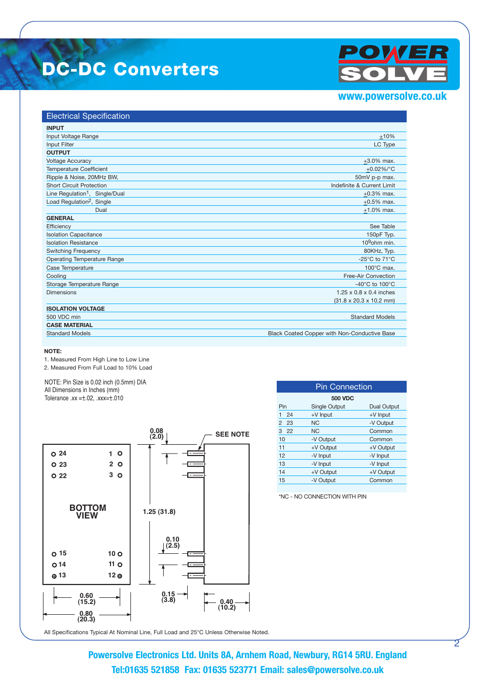 Dc-dc converters, Bottom view, Electrical specification | Pin connection | Powersolve PS3 Series User Manual | Page 2 / 2