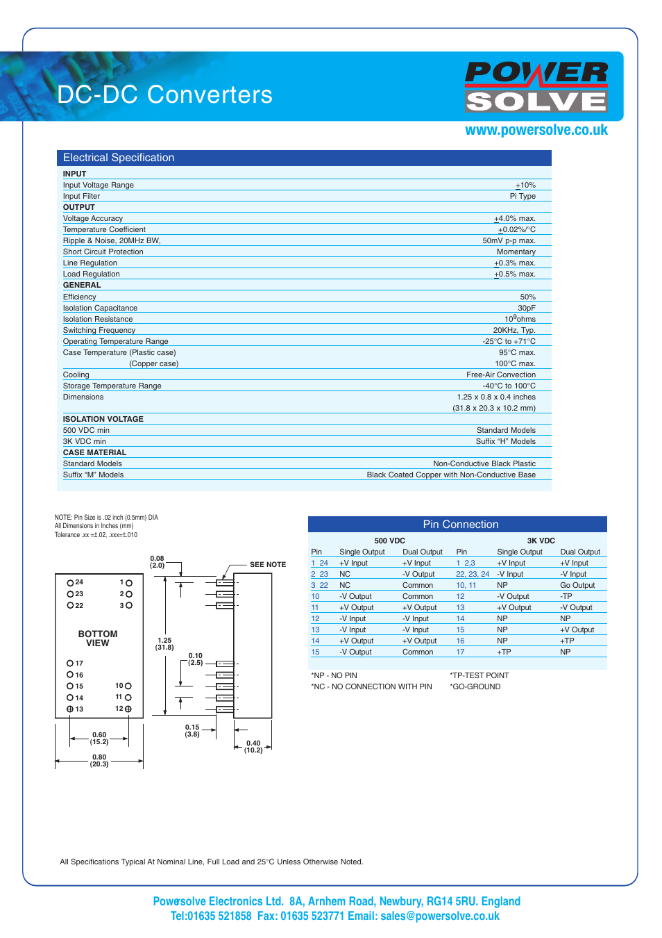 Dc-dc converters, Electrical specification, Pin connection | Powersolve PS2 Series User Manual | Page 2 / 2