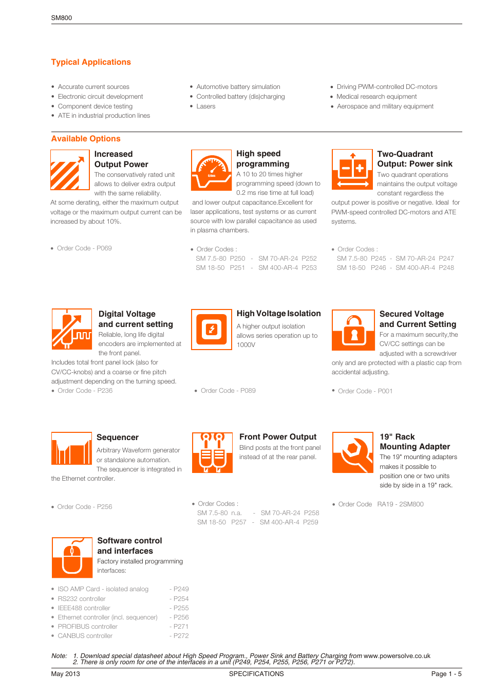 Typ i cal ap pli ca tions, Avail able op tions high speed pro gram ming, Two-quad rant out put: power sink | Sequencer, High volt age isolation, Se cured volt age and cur rent set ting, Soft ware con trol and in ter faces, Dig i tal volt age and current set ting, Front power out put, 19" rack mount ing adapter | Powersolve SM800 Series User Manual | Page 5 / 6