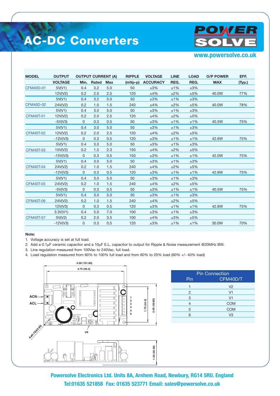 Ac-dc converters, Pin connection pin cfm40d/t | Powersolve CFM40T Series User Manual | Page 2 / 2
