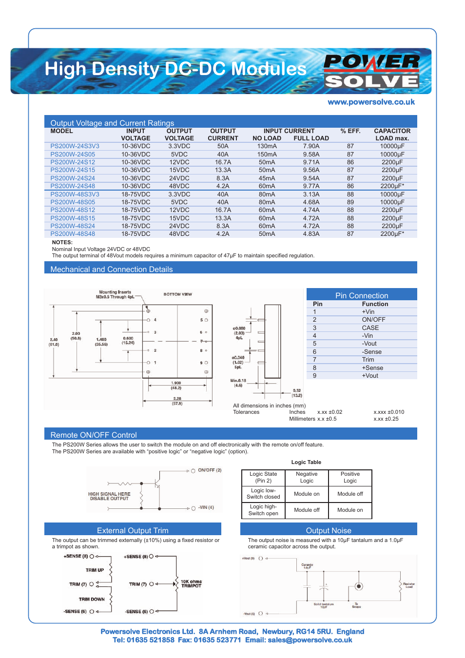 High density dc-dc modules, Output voltage and current ratings, Pin connection | External output trim, Output noise | Powersolve PS200W Series User Manual | Page 2 / 2