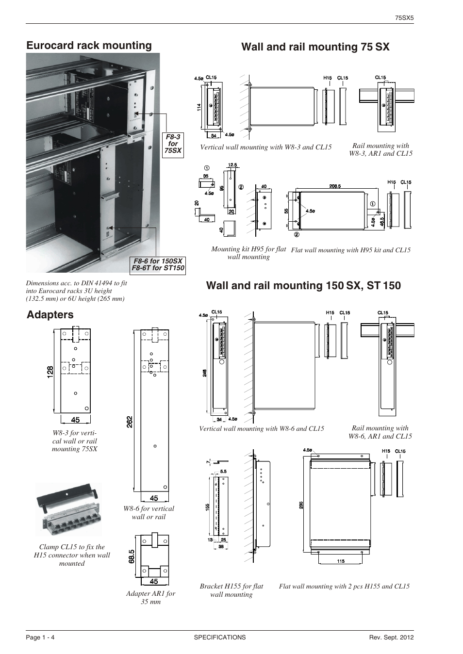 Wall and rail mount ing 150, Sx, st, Adapters | Eurocard rack mount ing wall and rail mount ing 75 | Powersolve SX Series User Manual | Page 4 / 4