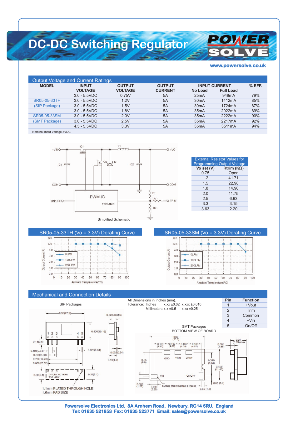 Dc-dc switching regulator, Output voltage and current ratings, Mechanical and connection details | Powersolve SR05-05 Series User Manual | Page 2 / 2