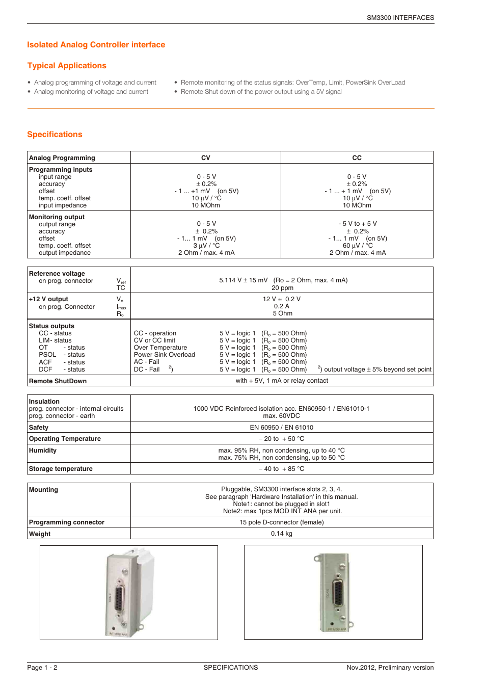Specifications typical applications, Isolated analog controller interface | Powersolve SM3300 Interfaces User Manual | Page 2 / 5