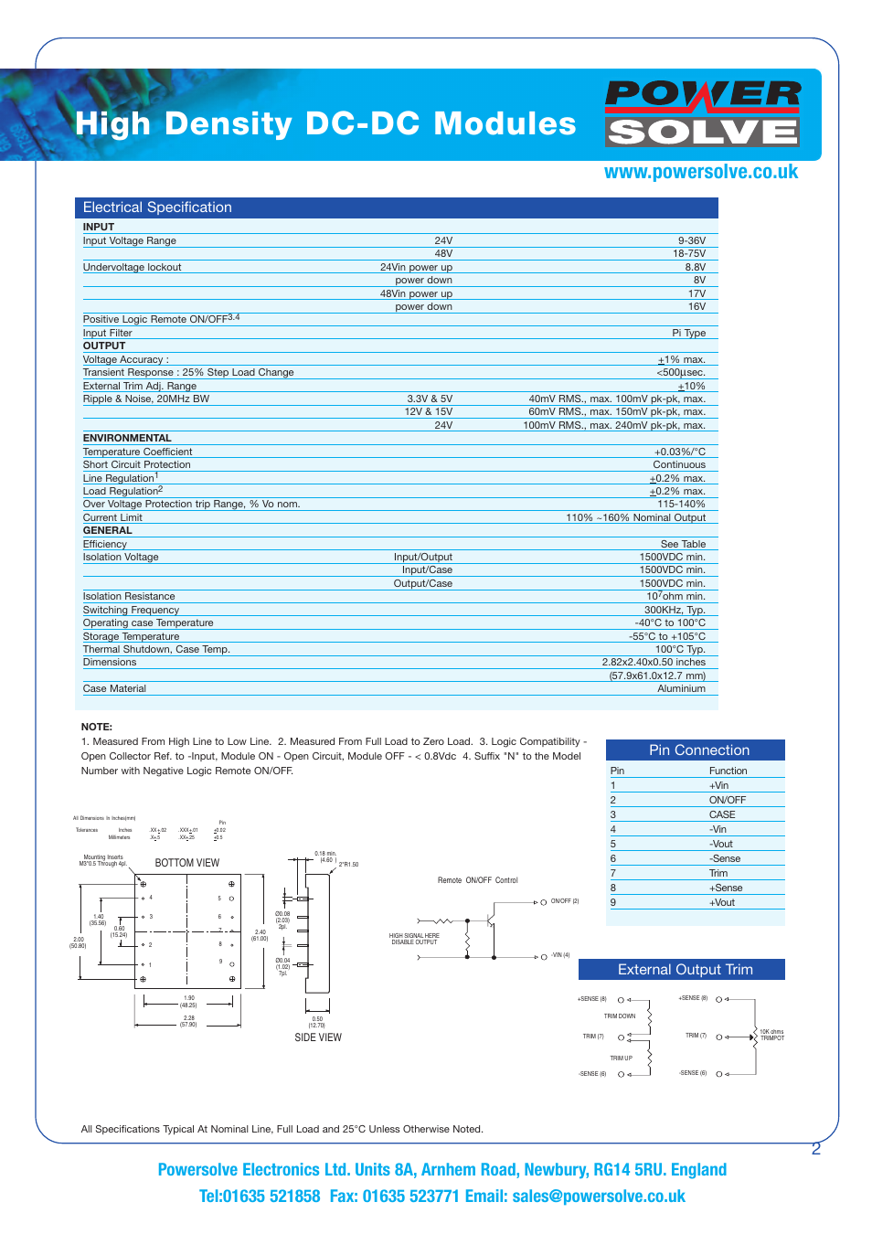 High density dc-dc modules, Pin connection external output trim, Electrical specification | Powersolve PS50W Series User Manual | Page 2 / 4