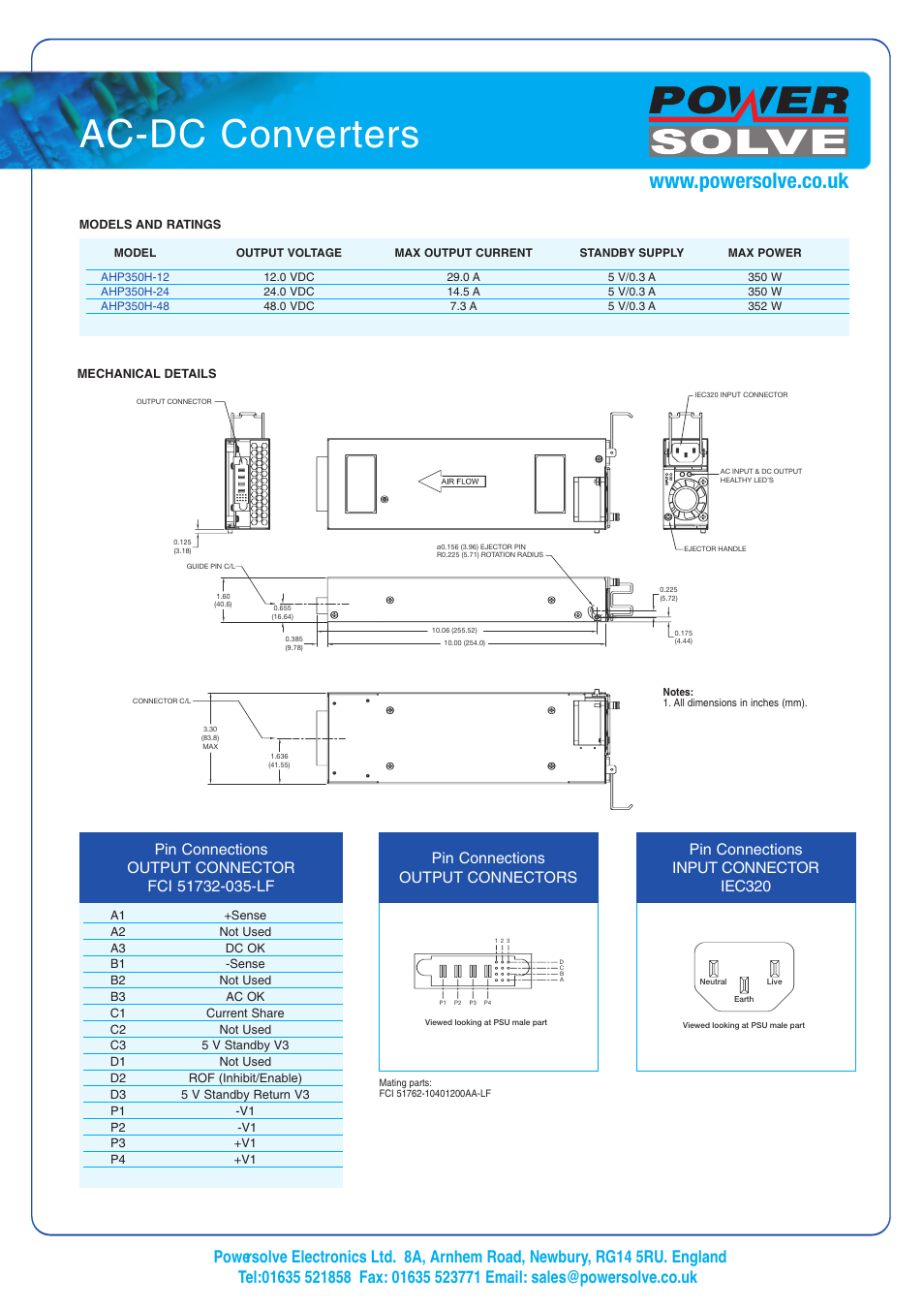 Ac-dc converters, Pin connections output connectors, Pin connections input connector iec320 | Powersolve AHP350 Series User Manual | Page 3 / 4