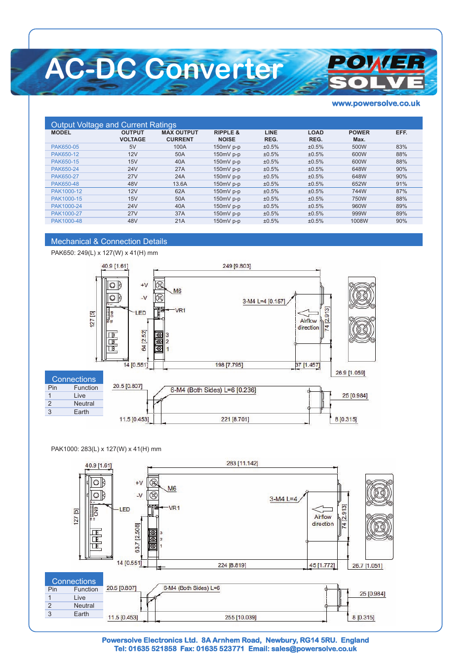 Ac-dc converter, Output voltage and current ratings, Mechanical & connection details | Connections | Powersolve PAK1000 Series User Manual | Page 2 / 5