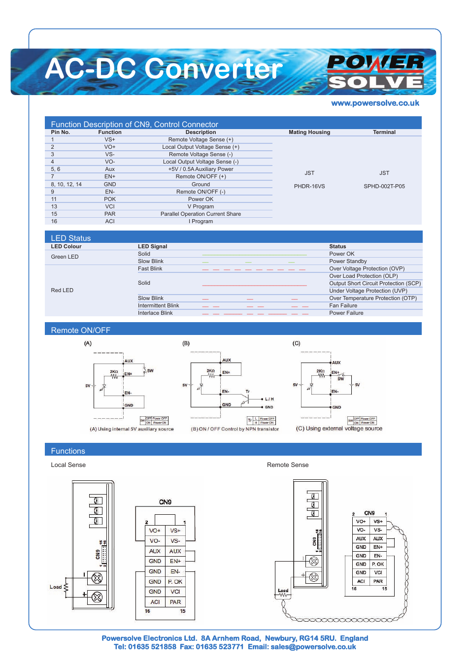 Ac-dc converter, Functions, Function description of cn9, control connector | Led status, Remote on/off | Powersolve PAK1000 Series User Manual | Page 3 / 5