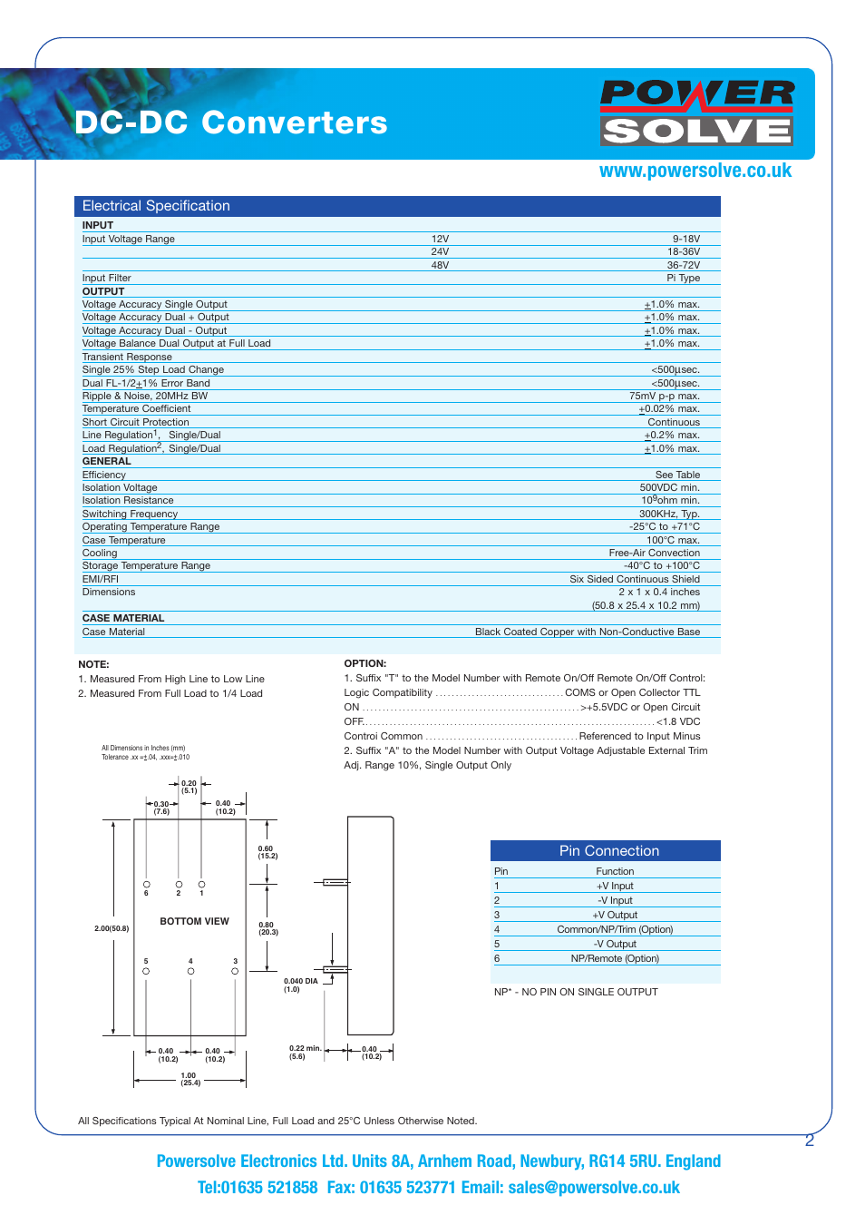 Dc-dc converters, Pin connection, Electrical specification | Powersolve PS15 Series User Manual | Page 2 / 2