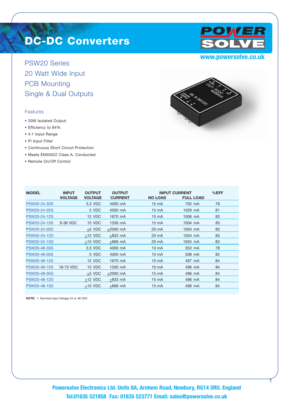 Powersolve PSW20 Series User Manual | 2 pages