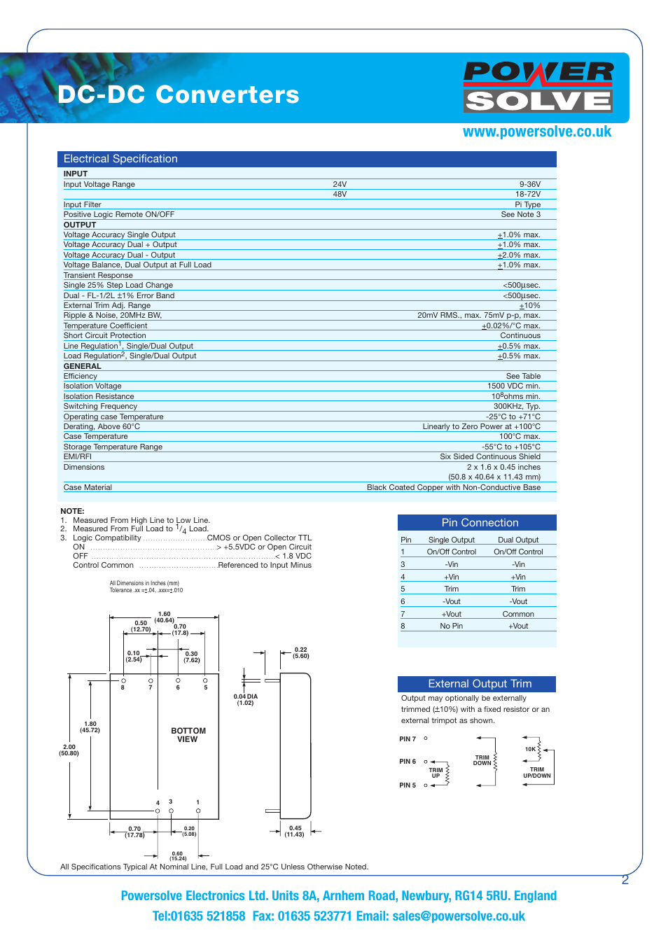 Dc-dc converters, Pin connection external output trim, Electrical specification | Powersolve PSW20 Series User Manual | Page 2 / 2