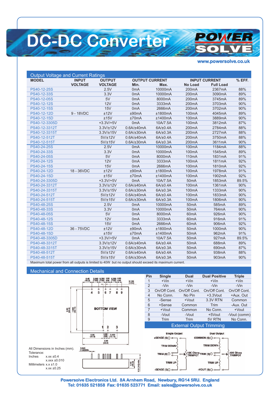 Dc-dc converter, Output voltage and current ratings, Mechanical and connection details | External output trimming | Powersolve PS40 Series User Manual | Page 2 / 2