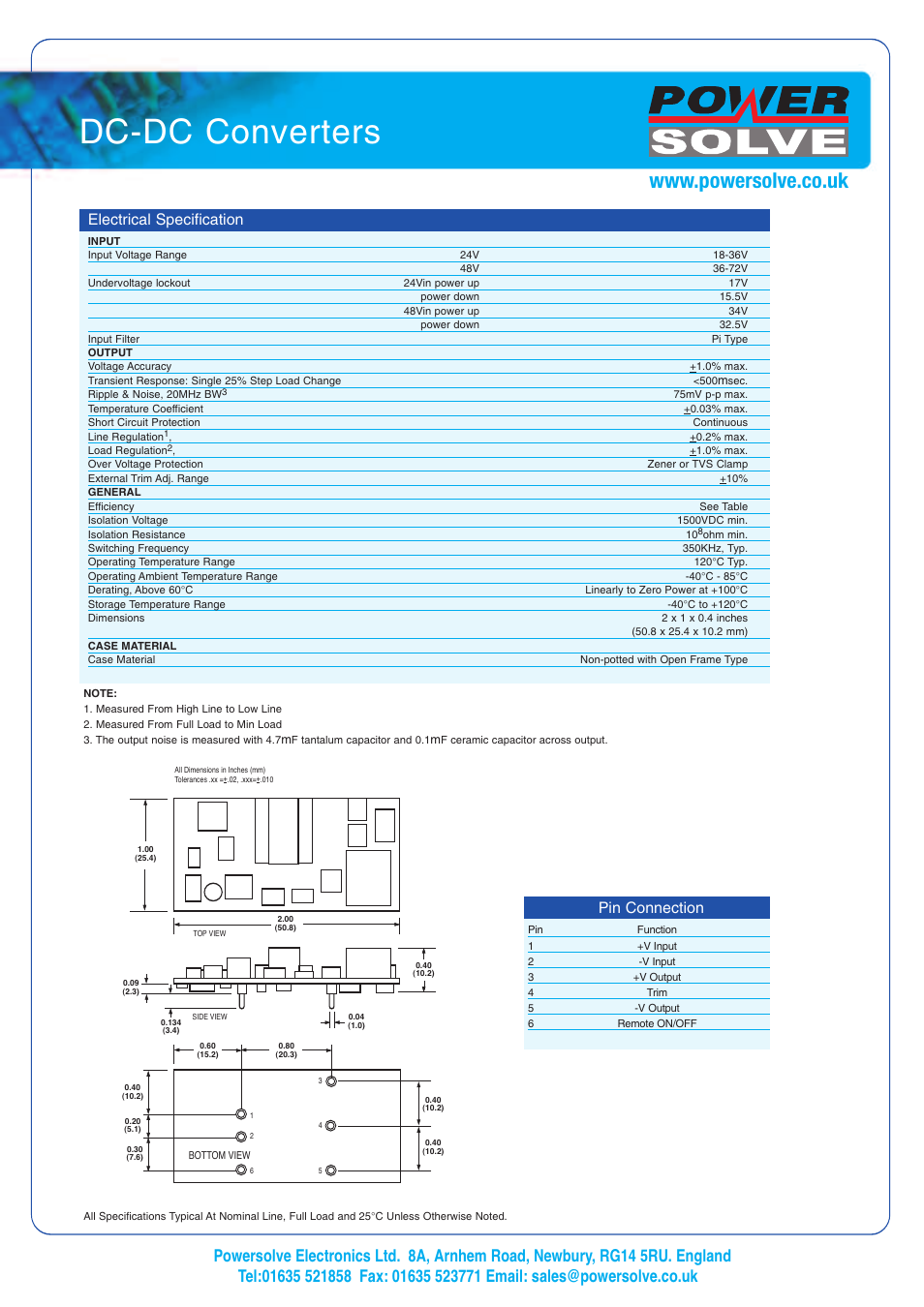 Dc-dc converters, Pin connection, Electrical specification | Powersolve PS15B Series User Manual | Page 2 / 2