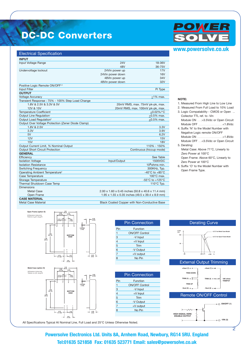 Dc-dc converters, Electrical specification, Pin connection | Pin connection external output trimming, Derating curve, Remote on/off control, 5% max. output load regulation, 5vdc or open circuit module off, 8vdc module off | Powersolve PS20 Series User Manual | Page 2 / 2