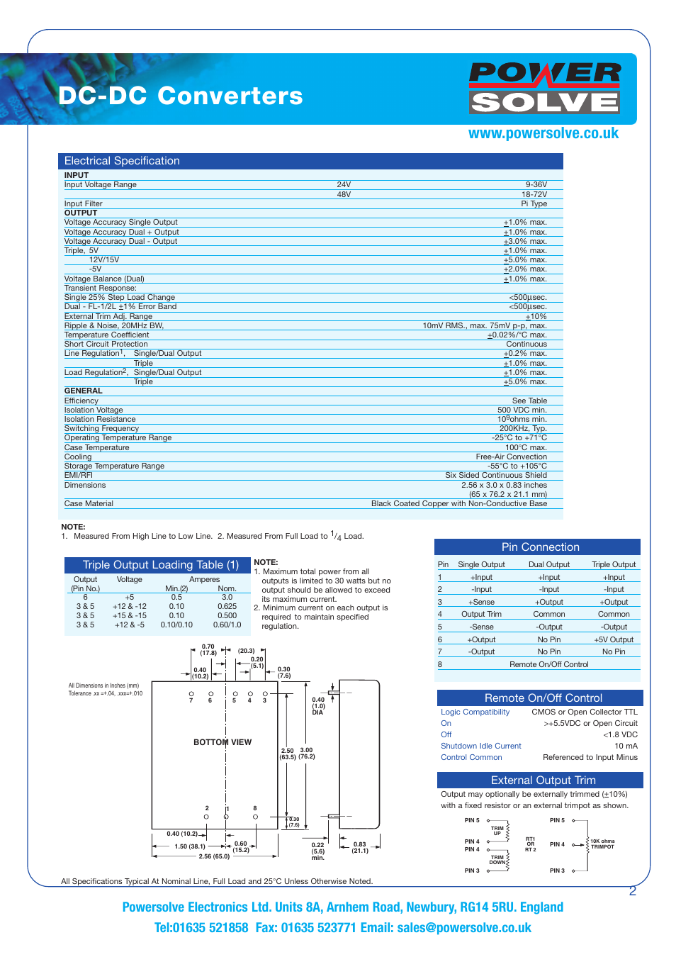 Dc-dc converters, Electrical specification, Pin connection | Remote on/off control | Powersolve PSW25 Series User Manual | Page 2 / 2