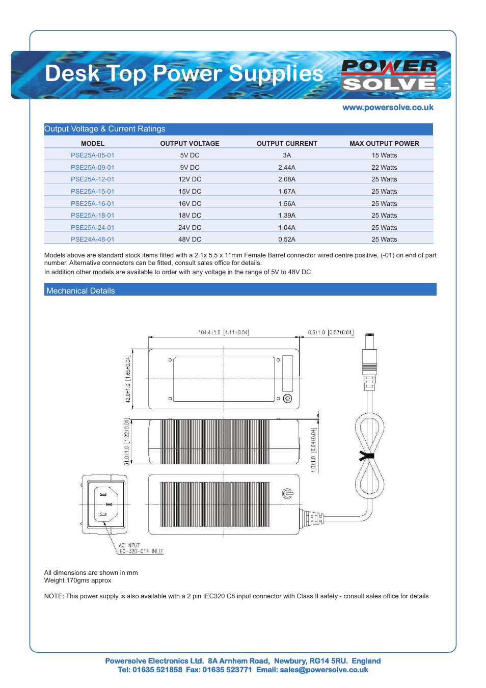 Desk top power supplies | Powersolve PSE25A Series User Manual | Page 2 / 2