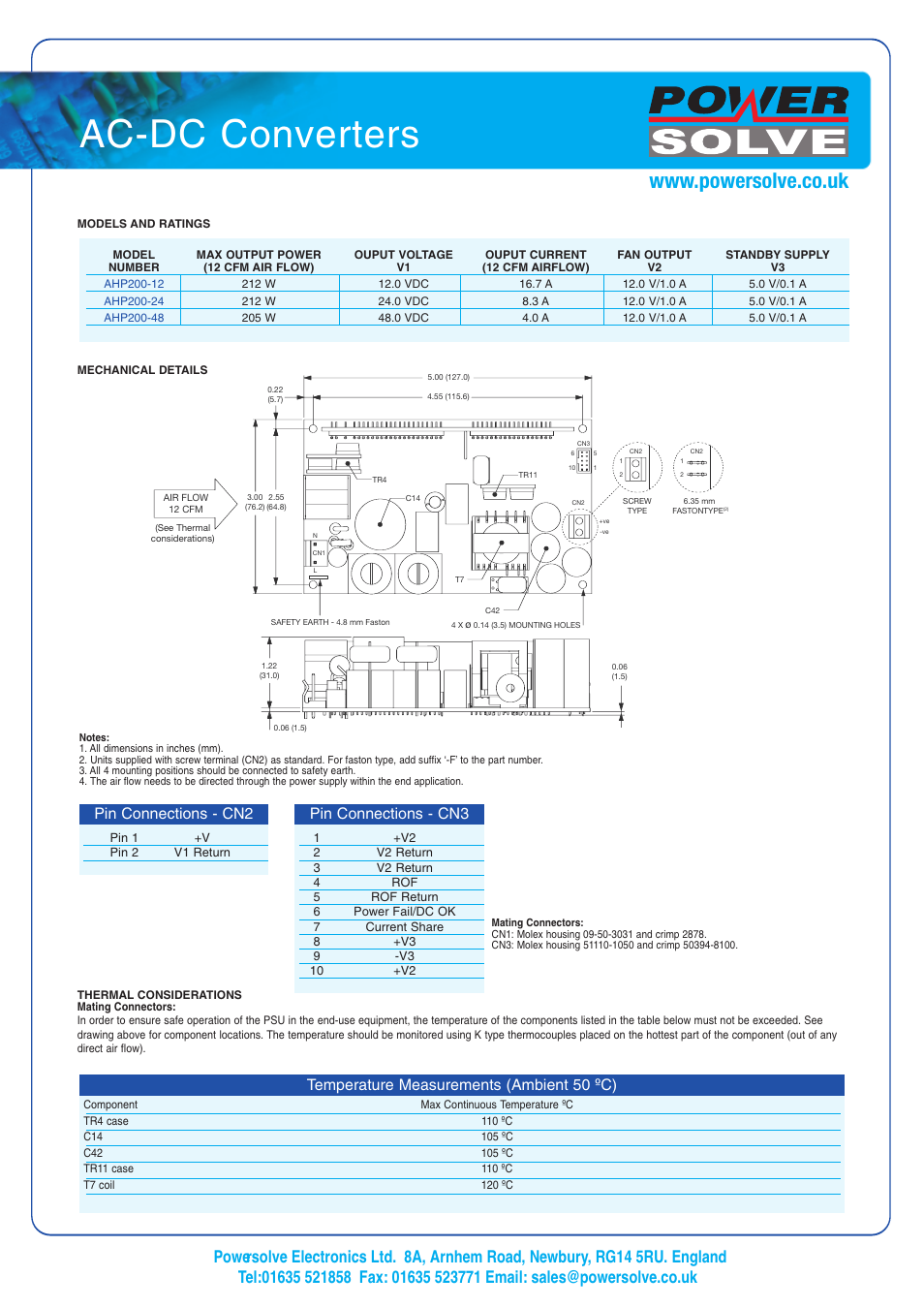 Ac-dc converters, Pin connections - cn2, Pin connections - cn3 | Temperature measurements (ambient 50 ºc) | Powersolve AHP200 Series User Manual | Page 2 / 2