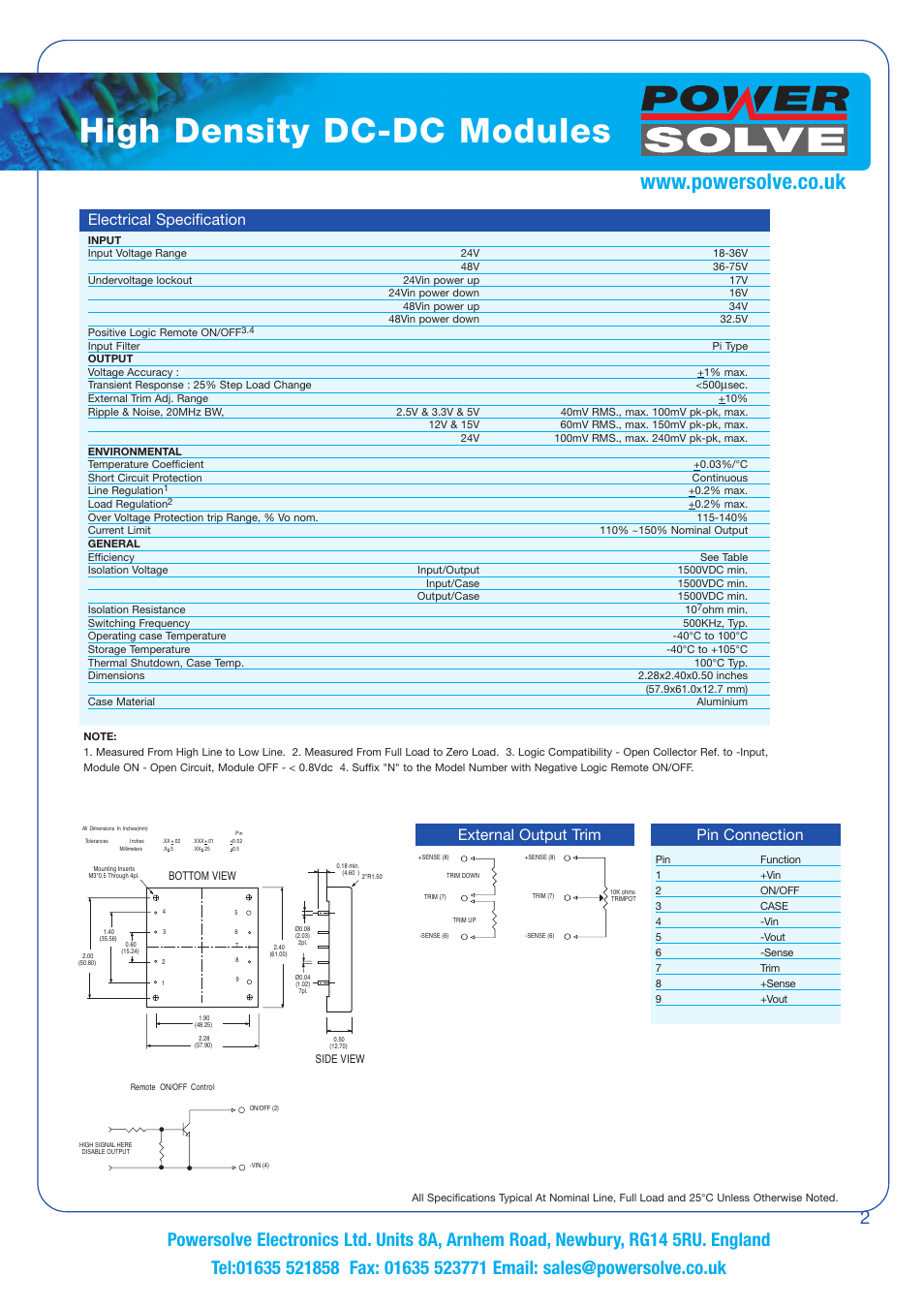 High density dc-dc modules, Electrical specification, Pin connection | External output trim | Powersolve PS100 Series User Manual | Page 2 / 4