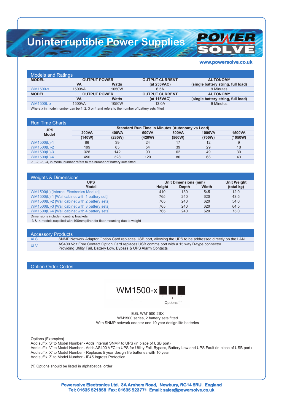 Uninterruptible power supplies, Wm1500-x, Models and ratings | Accessory products, Option order codes, Run time charts, Weights & dimensions | Powersolve WM Series User Manual | Page 2 / 5