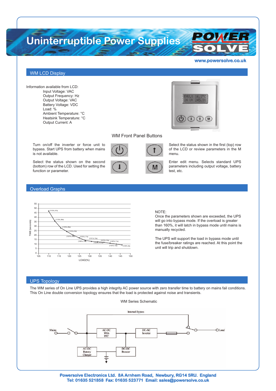 Uninterruptible power supplies, Wm lcd display, Wm front panel buttons overload graphs | Ups topology | Powersolve WM Series User Manual | Page 5 / 5