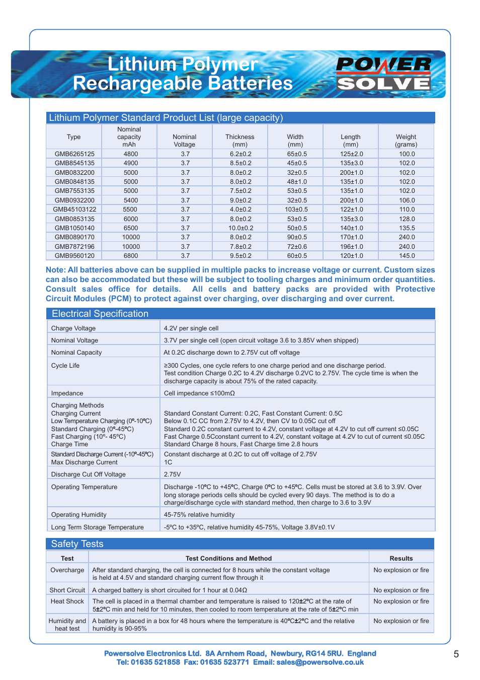 Lithium polymer rechargeable batteries, Electrical specification, Safety tests | Powersolve GMB Series User Manual | Page 5 / 6