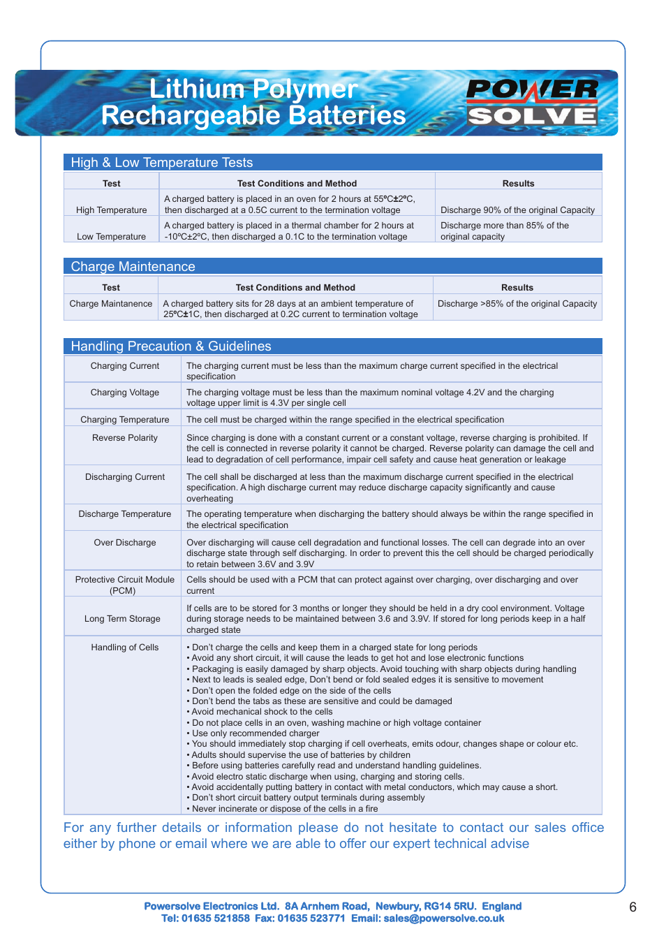 Lithium polymer rechargeable batteries, High & low temperature tests, Charge maintenance | Handling precaution & guidelines | Powersolve GMB Series User Manual | Page 6 / 6